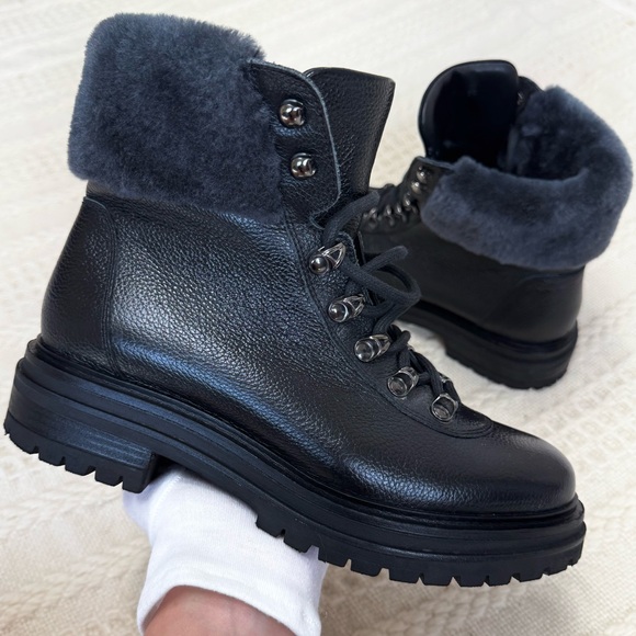 M.Gemi The Alpi Black Leather Shearling Lace Up Combat Moto Boots Sz 39 8.5 - Picture 1 of 15